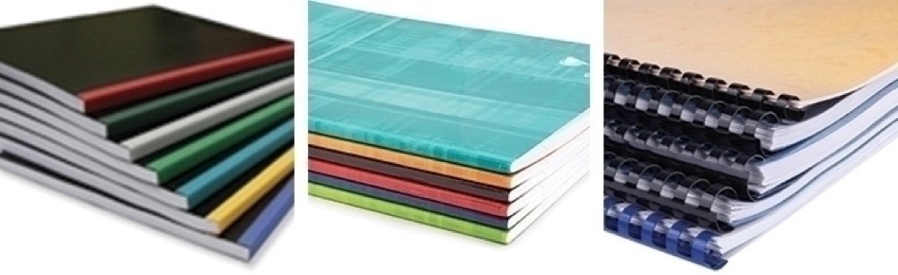 A range of bound document samples with different covers and spines
